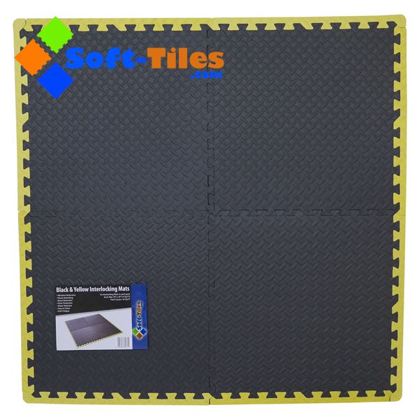 1/2" Thick Interlocking Gym Floor Mats / Interlocking Workout Mats 24”x24  Yellow Borders